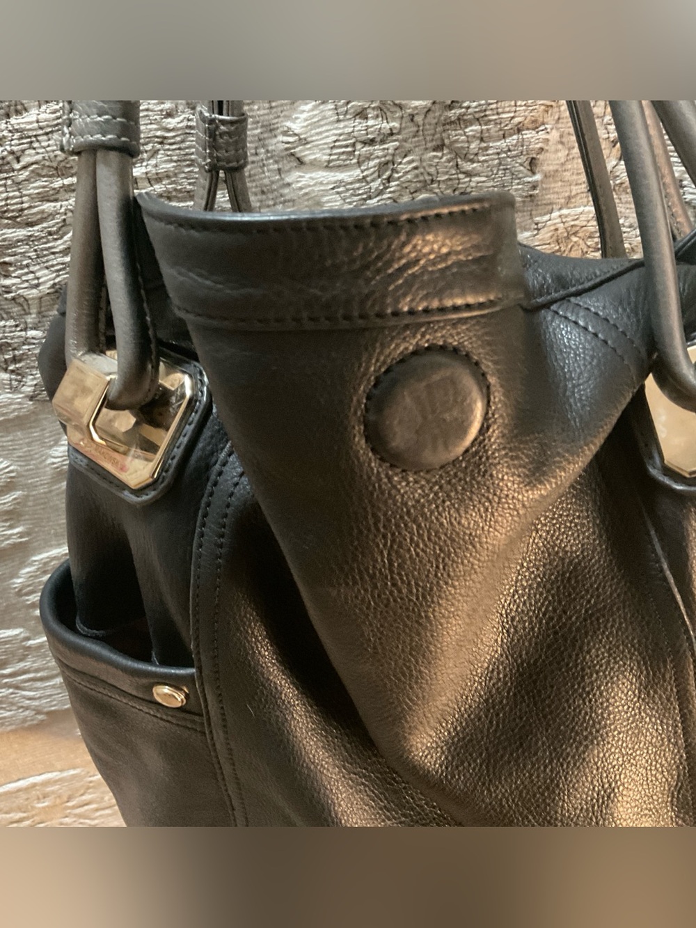 B Makowsky Pebbled Leather Magnetic Close Purse Handbag Black/Gray Double Handle - Picture 11 of 12